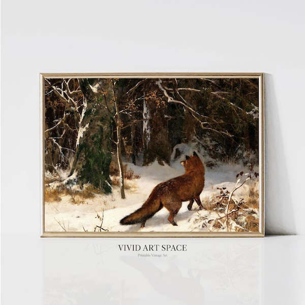 Winterbegegnung | Fuchs Druck | Vintage Kunstdruck | Wald Poster | Verschneite Winterlandschaft | Druckbare Wandkunst | Digitaler Download