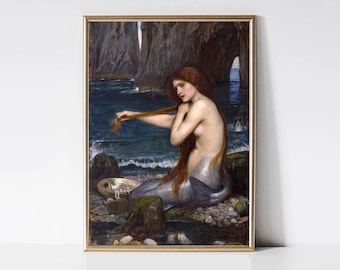 Sirena de John William Waterhouse / Impresión artística prerrafaelita / Retrato de mujer / Arte fantástico / Arte mural imprimible / Descarga digital