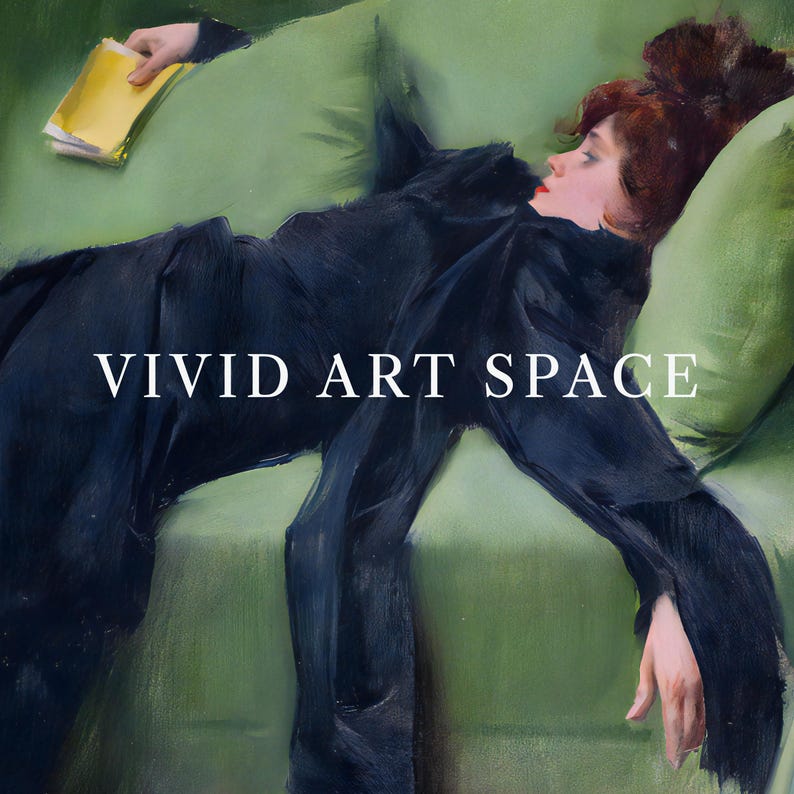 May include: An oil painting shows a person in a black dress resting on a green sofa, holding a yellow book. The image is overlaid with the text "VIVID ART SPACE".
