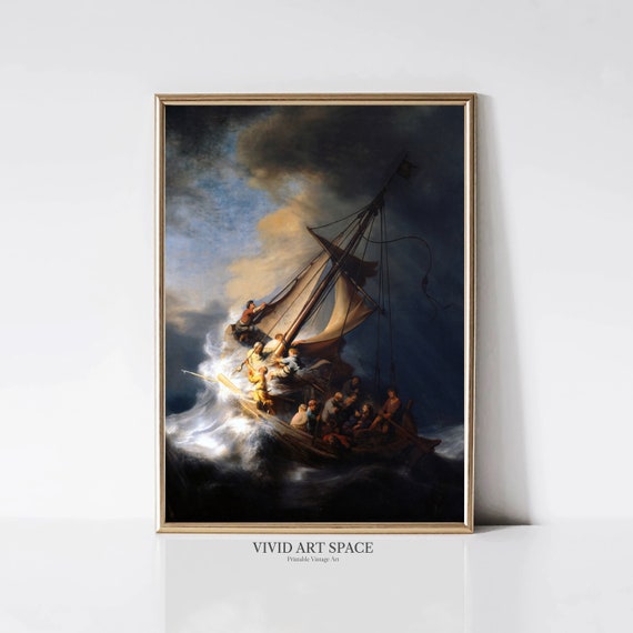 The Storm on the Sea of Galilee by Rembrandt | Dutch Baroque Painting Print | Dark Academia Art Print | Printable Wall Art Digital Download