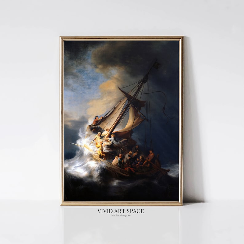May include: A painting of a ship caught in a storm. The ship is being tossed about by the waves, and the people on board are struggling to stay afloat. The sky is dark and stormy, and the sea is churning.