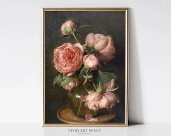 Humeurig roze pioenrozen schilderij | Vintage kunstafdruk | Bloemenprint | Donkere bloemenprint | Boerderijdecoratie | Afdrukbare muurkunst | Digitaal downloaden