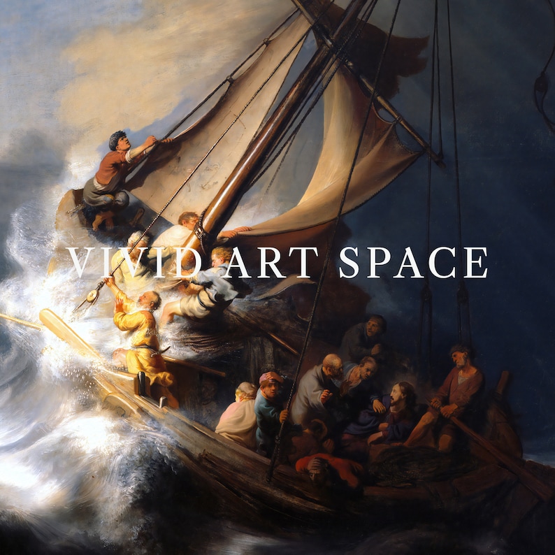 May include: A painting depicting a ship caught in a violent storm. The ship is being tossed about by the waves, and the crew is struggling to keep it afloat. The sky is dark and stormy, and the sea is churning with whitecaps. The painting is titled "The Stormy Sea" and is a classic example of Dutch Golden Age art.