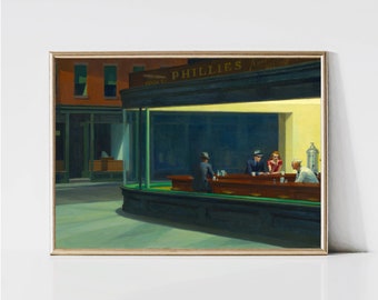 Nachtbrakers door Edward Hopper | Modern Amerikaans realisme schilderij | Stedelijke stadsposter | Nacht kunstprint | Afdrukbare muurkunst | Digitaal downloaden