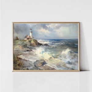 Vintage Lighthouse Landscape Painting | Moody Coastal Seascape Print | Clouds and Waves | Printable Beach house Wall Art | Digital Download