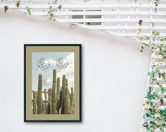 Disco cactus print , desert art, printable wall art, digital download , earthy toned art , disco ball print , cactus wall art