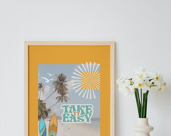 Arte estiva , stampa della palma , arte della parete della spiaggia , arte della spiaggia , stampa della tavola da surf , arte della parete della palma , arte della parete stampabile , arte digitale