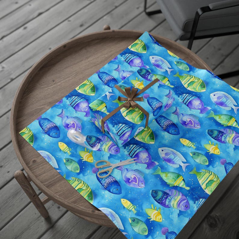 Fish Wrapping Around Fish Wrapping Paper Roll, Watercolor Fish Gift Wrap, Fisherman Wrapping ...