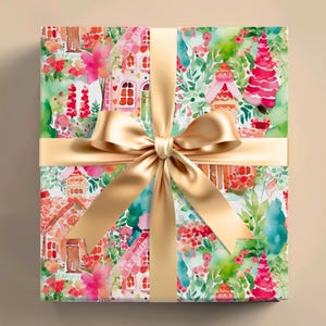 Gingerbread House Watercolor Christmas Wrapping Paper, Holiday Gift Supplies, Festive Paper Decor, Pink Christmas Wrapping Paper Roll.
