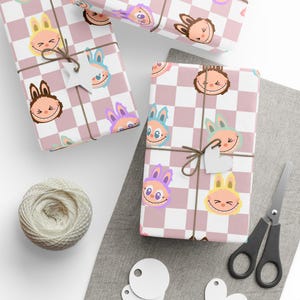 Pastel Checkered Cute Monater Themed Gift Wrap, Labubu Birthday Celebration, Labubu Gift Wrap, Cute Monster Wrapping Paper, Labubu Gift