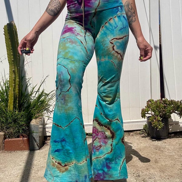 Small Handmade Icedye Bell Bottoms Brown & Robins Egg Blue Mega Flares