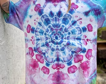 2XL Mandala Tie-Dyed T-Shirt: Unisex Hippie Boho Rave Festival Wear neon green blue