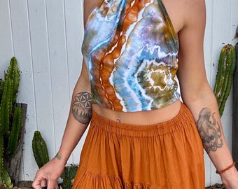 Blue Orange Tie-Dye Halter Crop Top – Lightweight Rayon Summer Festival Rave Wear