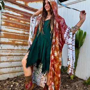 Tiedye Rayon Pixie Duster Cloak with Pockets, Bell Sleeves, Fairy Hood – Boho Festival Wear