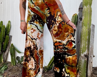 Small reverse geode tiedye palazzo pants soft medium weight rayon ladies festival flow wear black brown