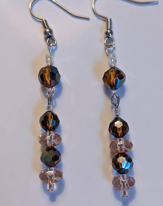 Brown and White Clear Beads Earrings. Really Pretty and Sparkling