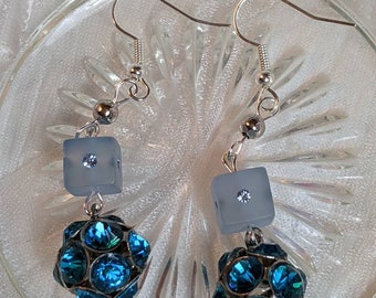 Blue Crystal Earrings with silver tone components. Dangles 2 1/4. Beautiful Pair