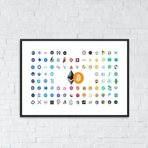 May include: A framed print featuring a colorful grid of cryptocurrency logos, with Bitcoin and Ethereum logos prominently displayed in the center.