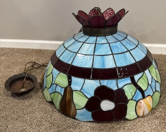 LARGE Vintage Tiffany Style Fruit Motif Stained Glass Ceiling Light Fixture Hang