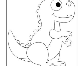 May include: A black and white line drawing of a cartoon dinosaur with a large eye, small arms, and a long tail. The dinosaur is smiling and has a row of spikes down its back. The image is on a white background.