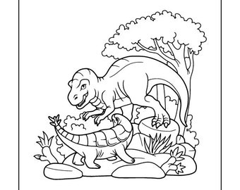 May include: A black and white line drawing of a dinosaur standing on a turtle. The dinosaur is standing on its hind legs and has its tail curled around the turtle. The turtle is facing the left and has its head and legs sticking out. The dinosaur and turtle are in a forest setting with a tree behind them.