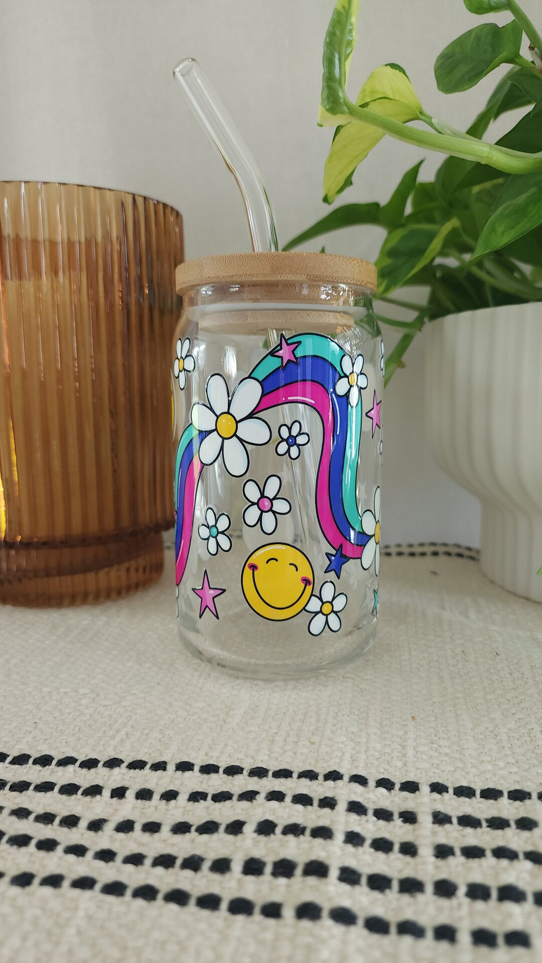 Groovy Rainbow Glass Cup | Iced Coffee Can Cup | Retro Rainbow Glass ...