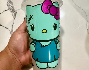 Frankenstein Hi Kat Cold Cup |  Starbucks Cat Cup | Color Changing Cold Cup Hi Kitty | Hello Kitty | Halloween Themed Hello Cat | Frankencat