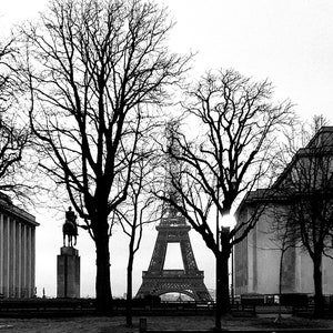 La Grande Dame Iconisch Parijs monument, Eiffeltoren, omlijst door het Architectuurmuseum en Musée de L'Homme Zwart-wit, Franse muurkunst