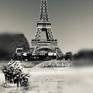 Eiffel Tower with fountain, the iconic Grande Dame in Paris, France, Black and White Photo  Wall Art