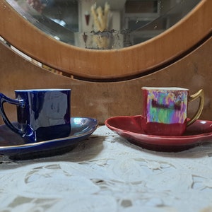 Coffee service cups couple duo art nouveau France Sarreguemines iridescent iridescent earthenware porcelain
