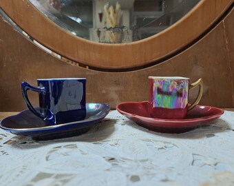 Coffee service cups couple duo art nouveau France Sarreguemines iridescent iridescent earthenware porcelain