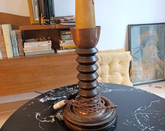 Large Brutalist table lamp Charles Dudouyt Victor Courtray French country chic style old solid wood turned wood bedside table