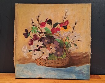 Peinture France 1940 Huile sur toile nature morte "bouquet dans un panier" signée sans cadre "Art Volant"