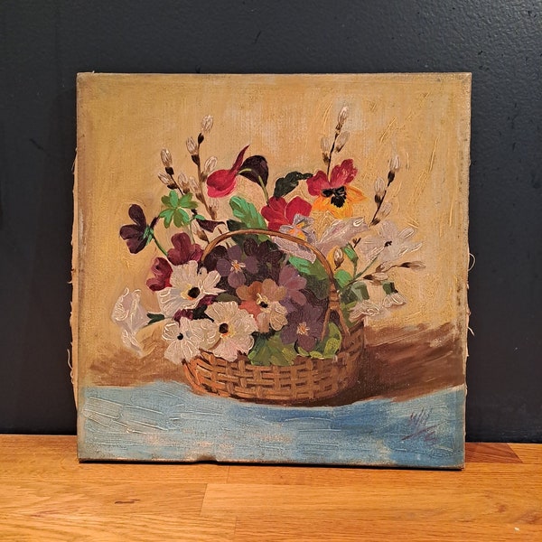 Peinture France 1940 Huile sur toile nature morte "bouquet dans un panier" signée sans cadre "Art Volant"