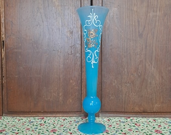 Giant soliflore vase on foot blue opaline painting on vintage glass Tuscany made in italy