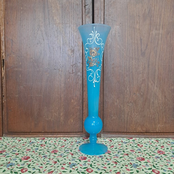 Vase géant soliflore sur pied  opaline bleue peinture sur verre vintage Toscane made in italy