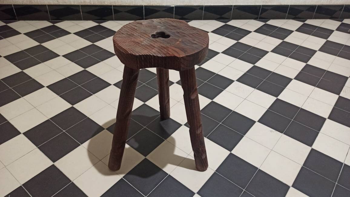 French 50's Country Wooden Stool Milkman Brutalist Vintage France Farm Countryside Wood