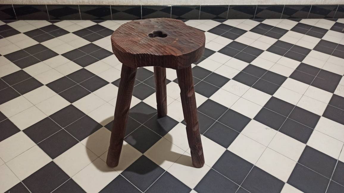 French 50's Country Wooden Stool Milkman Brutalist Vintage France Farm Countryside Wood