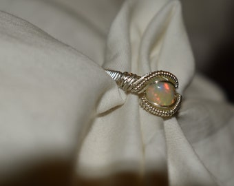 Opal Wire Wrapped Sterling Silver Ring