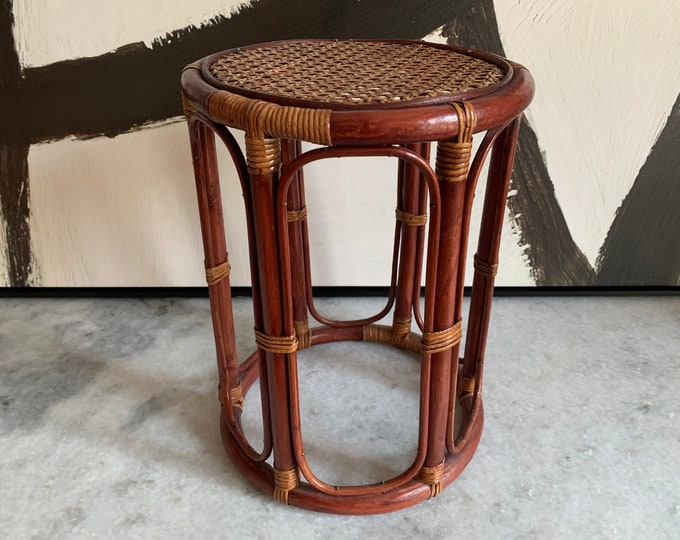 Vintage Rattan Plant Stand With Caning Small Drum Table Grand