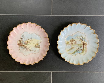 Antique Limoges France China, Pair of Hand Painted Plates, Pastel Pink and Blue with Scallop Edge, Gold Details and Cottage Landscape Scenes