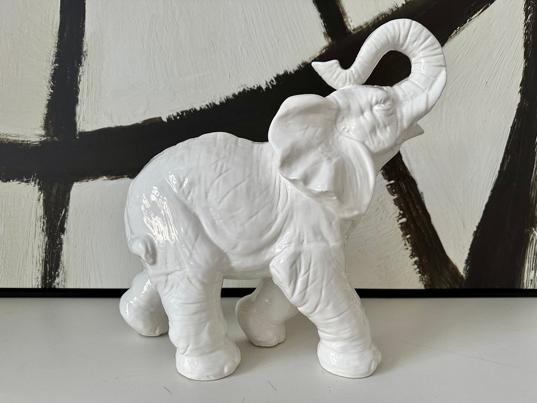 Vintage Ceramic Elephant Statue White Glazed Pottery Vintage Etsy