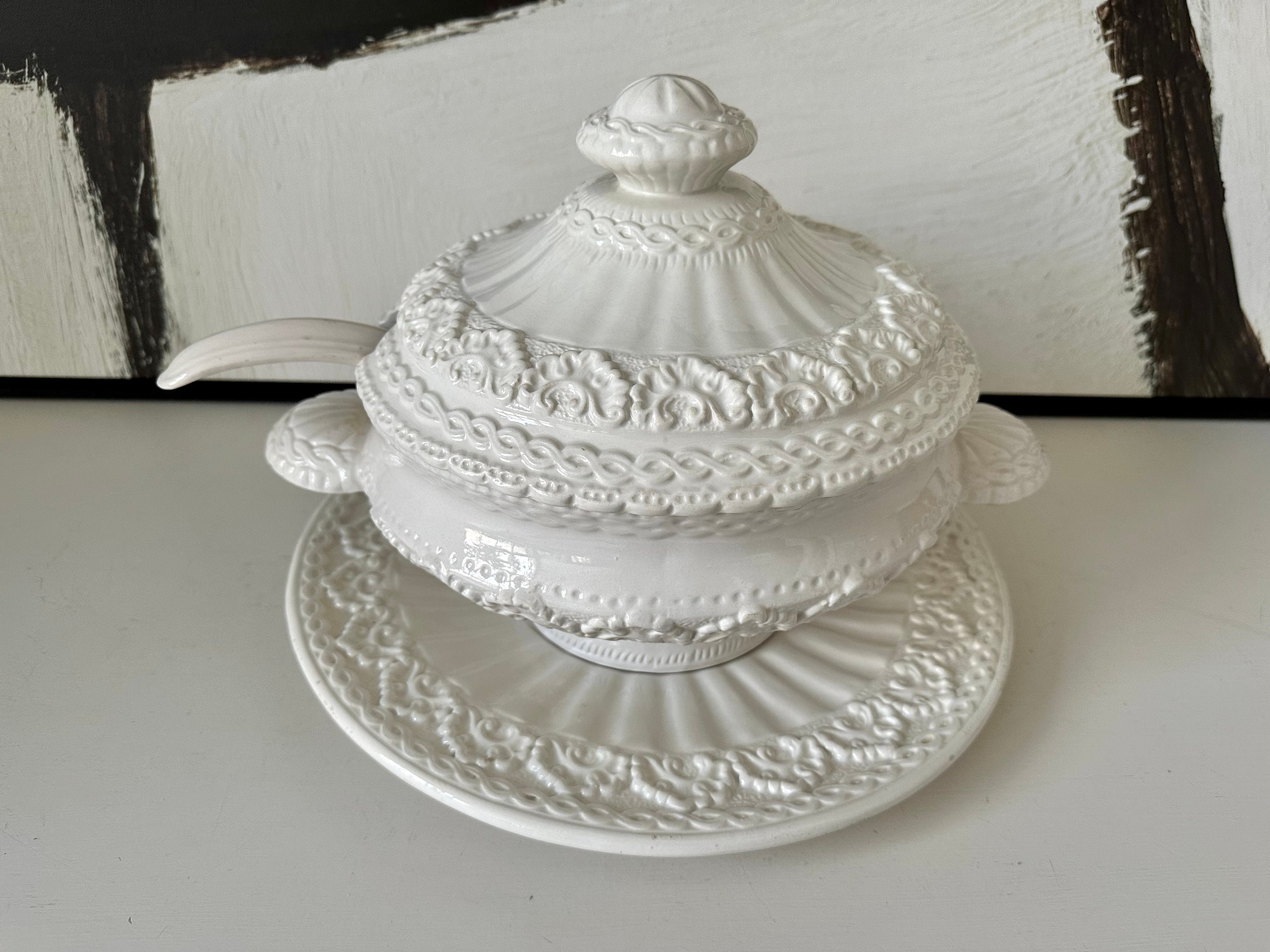 Vintage Majolica Tureen With Underplate and Ladle Spoon White Etsy