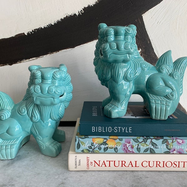 Pair of Vintage Turquoise Chinese Foo Dogs; Ceramic Fu Dog or Foo Lion Statues; Chinoiserie, Grandmillennial, Maximalist Style