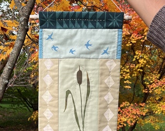 Deep Pond Symphony Wall Hanging - Block Printed, Patchworked, Hand Quilted