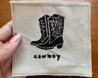 Cowboy Boots Hand Printed Canvas Patch | iron on original handmade block printed linoleum | quilting square | western vintage old west