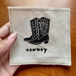Cowboy Boots Hand Printed Canvas Patch | iron on original handmade block printed linoleum | quilting square | western vintage old west