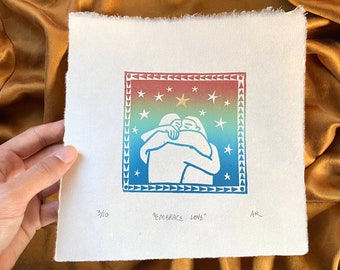 Embrace Love rainbow ombre linoleum block print || Gold painted embellished star || queer love anniversary romantic gift