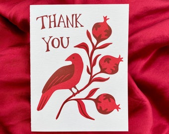 Bird with Pomegranates Thank You Letterpress Printed Card | folk art original linocut handmade cards set