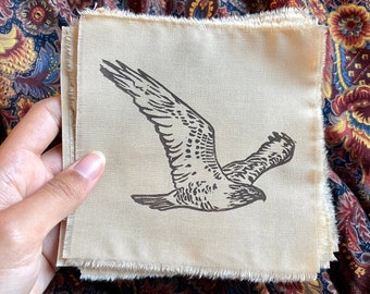 Hawk Hand Printed Cotton Patch | nature lover block print iron on patch for jacket | punk accessories |  bird quilting square